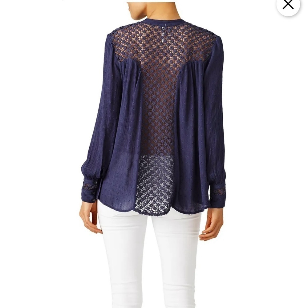 Free People Women’s The Best Button Down Navy Crochet Back Shirt Top Sz Small